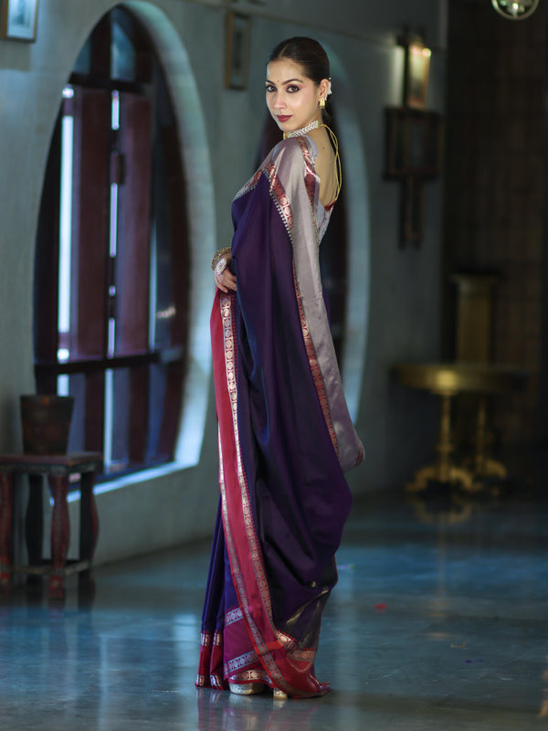 Banarasee Handloom Plain Semi Silk Saree With Contrast Border-Violet & Grey
