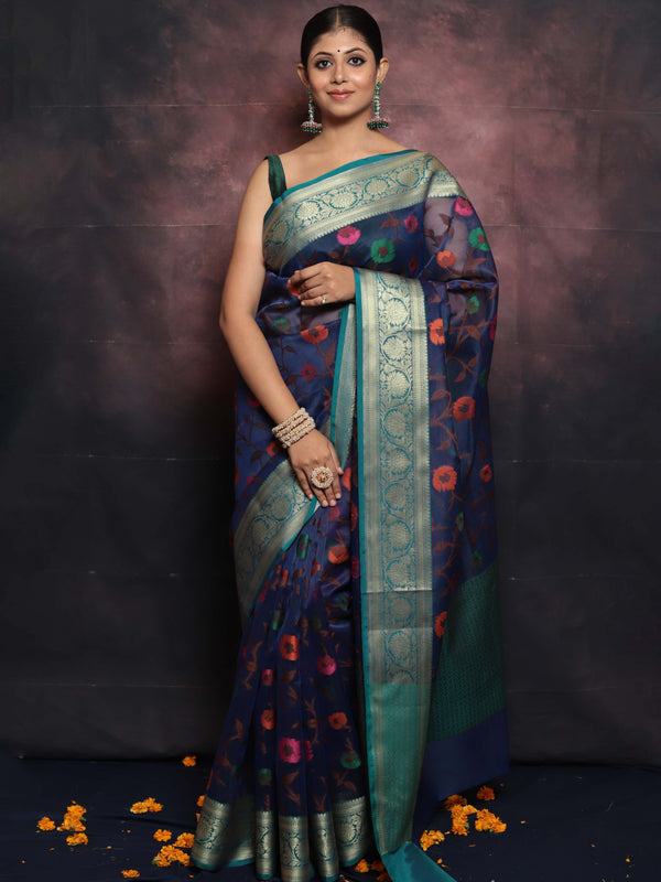 Banarasee Organza Mix Saree With Jaal Design & Floral Border-Blue & Green