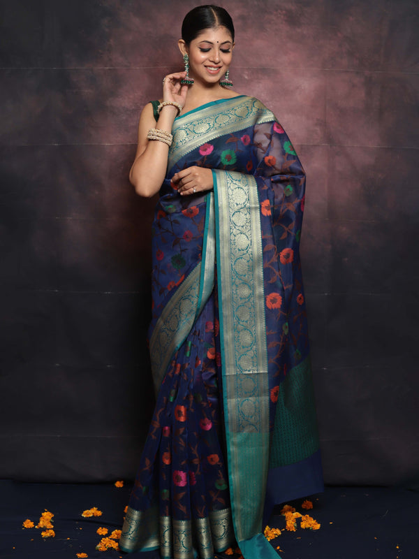 Banarasee Organza Mix Saree With Jaal Design & Floral Border-Blue & Green