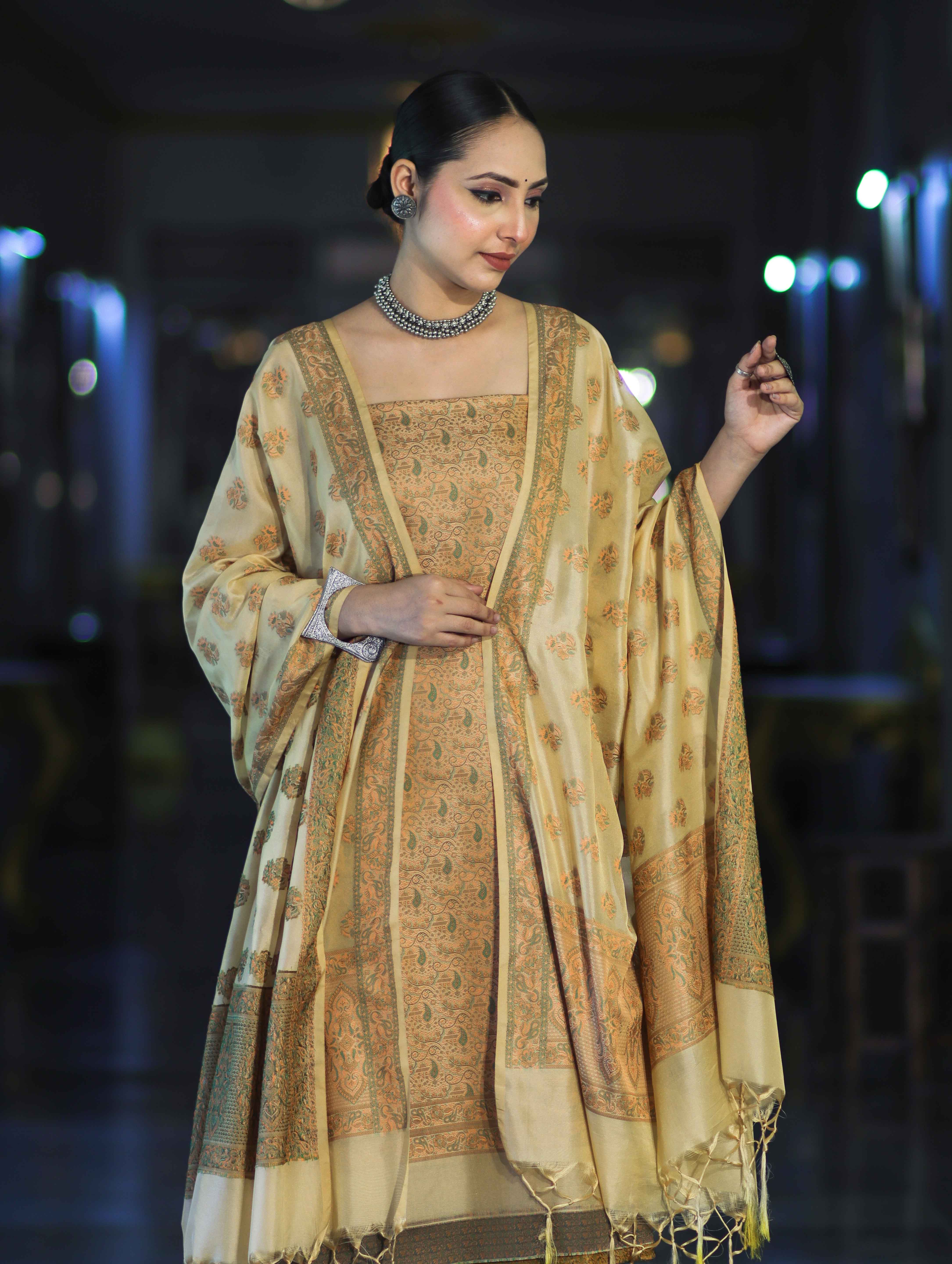 Banarasee Semi Katan Jamewar Weaving Salwar Kameez Fabric With Dupatta Set-Beige