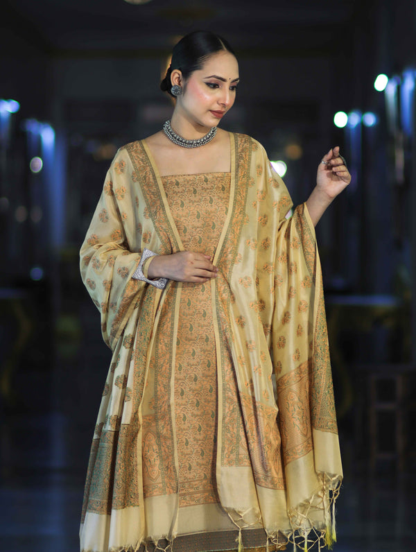 Banarasee Semi Katan Jamewar Weaving Salwar Kameez Fabric With Dupatta Set-Beige