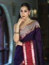 Banarasee Handloom Plain Semi Silk Saree With Contrast Border-Violet & Grey