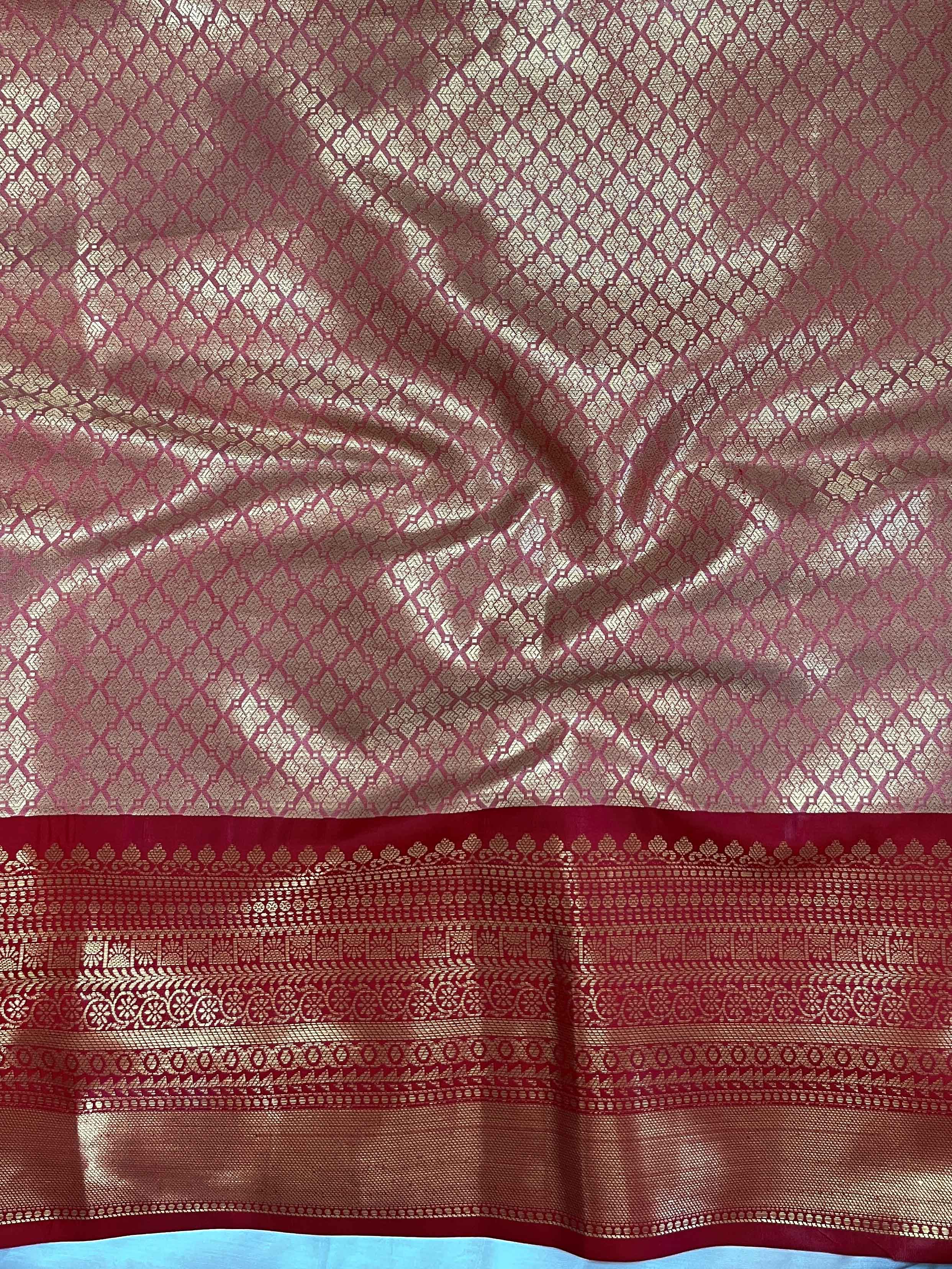 Banarasee Handwoven Tissue Saree With Gold Zari Design Contrast Border & Lace-Gold & Pink