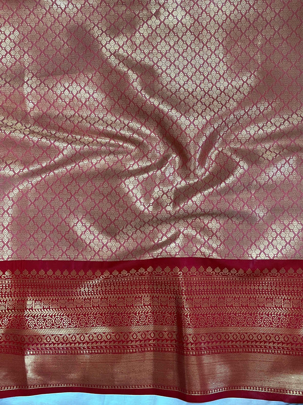 Banarasee Handwoven Tissue Saree With Gold Zari Design Contrast Border & Lace-Gold & Pink