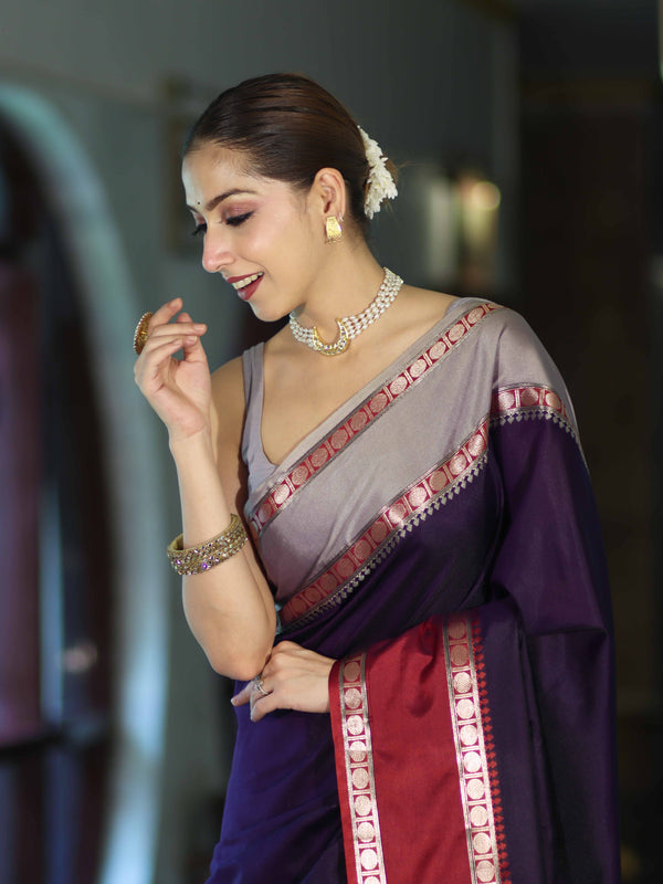 Banarasee Handloom Plain Semi Silk Saree With Contrast Border-Violet & Grey