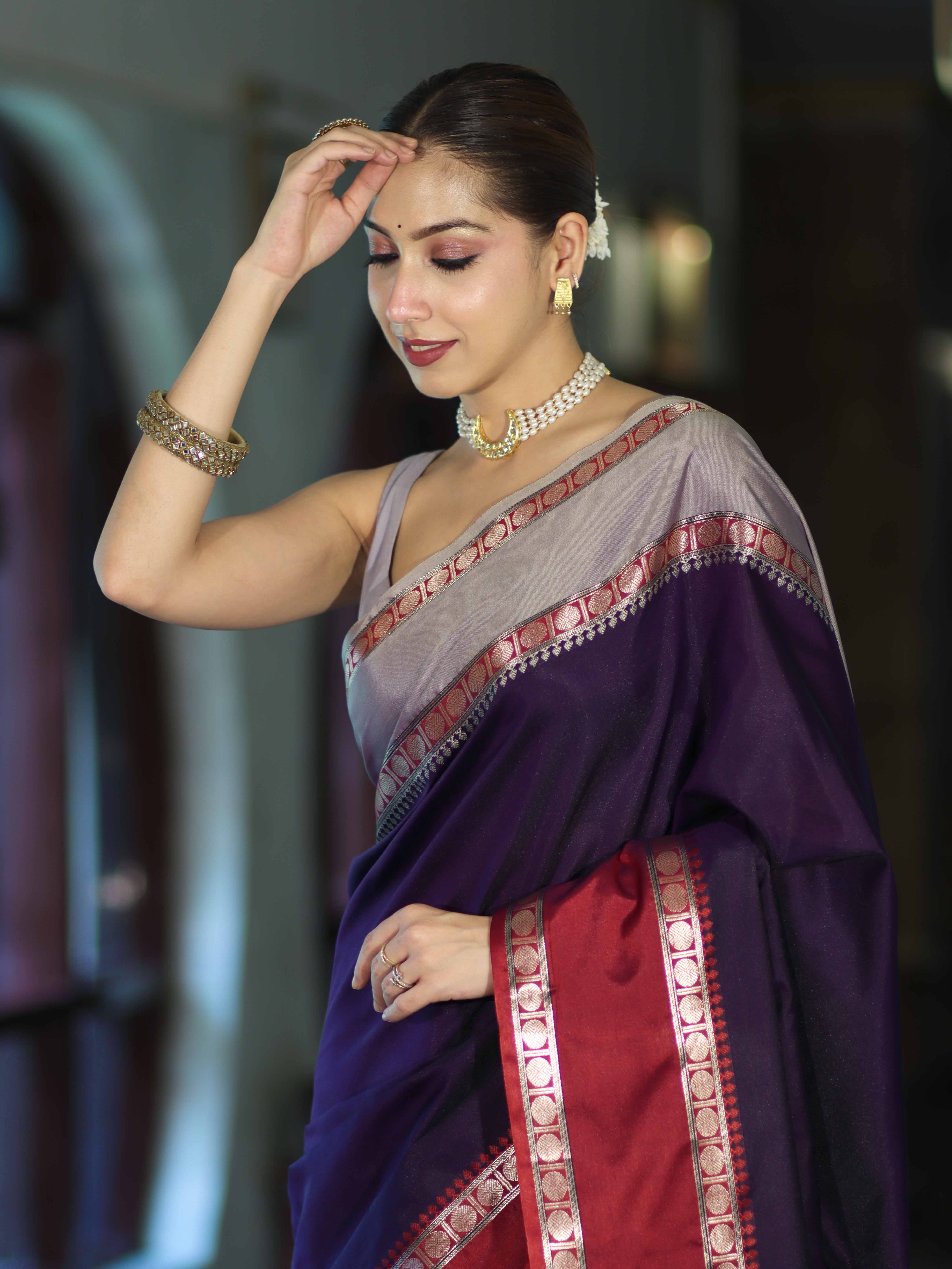 Banarasee Handloom Plain Semi Silk Saree With Contrast Border-Violet & Grey