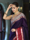 Banarasee Handloom Plain Semi Silk Saree With Contrast Border-Violet & Grey