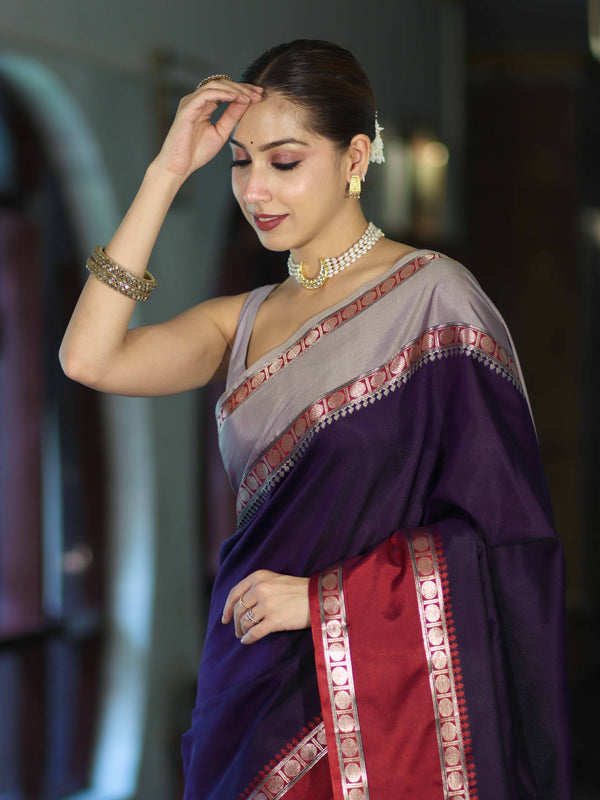 Banarasee Handloom Plain Semi Silk Saree With Contrast Border-Violet & Grey