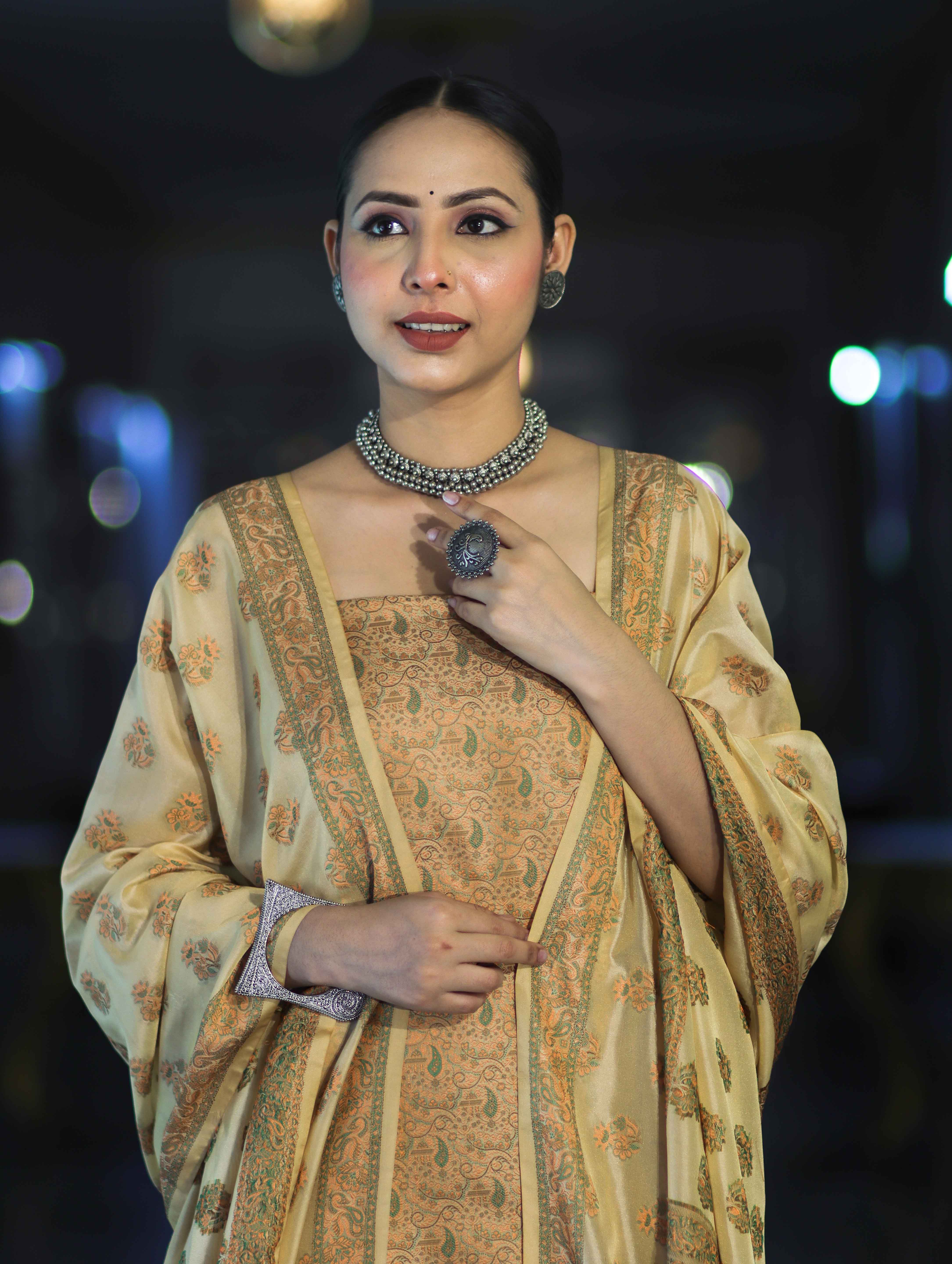 Banarasee Semi Katan Jamewar Weaving Salwar Kameez Fabric With Dupatta Set-Beige