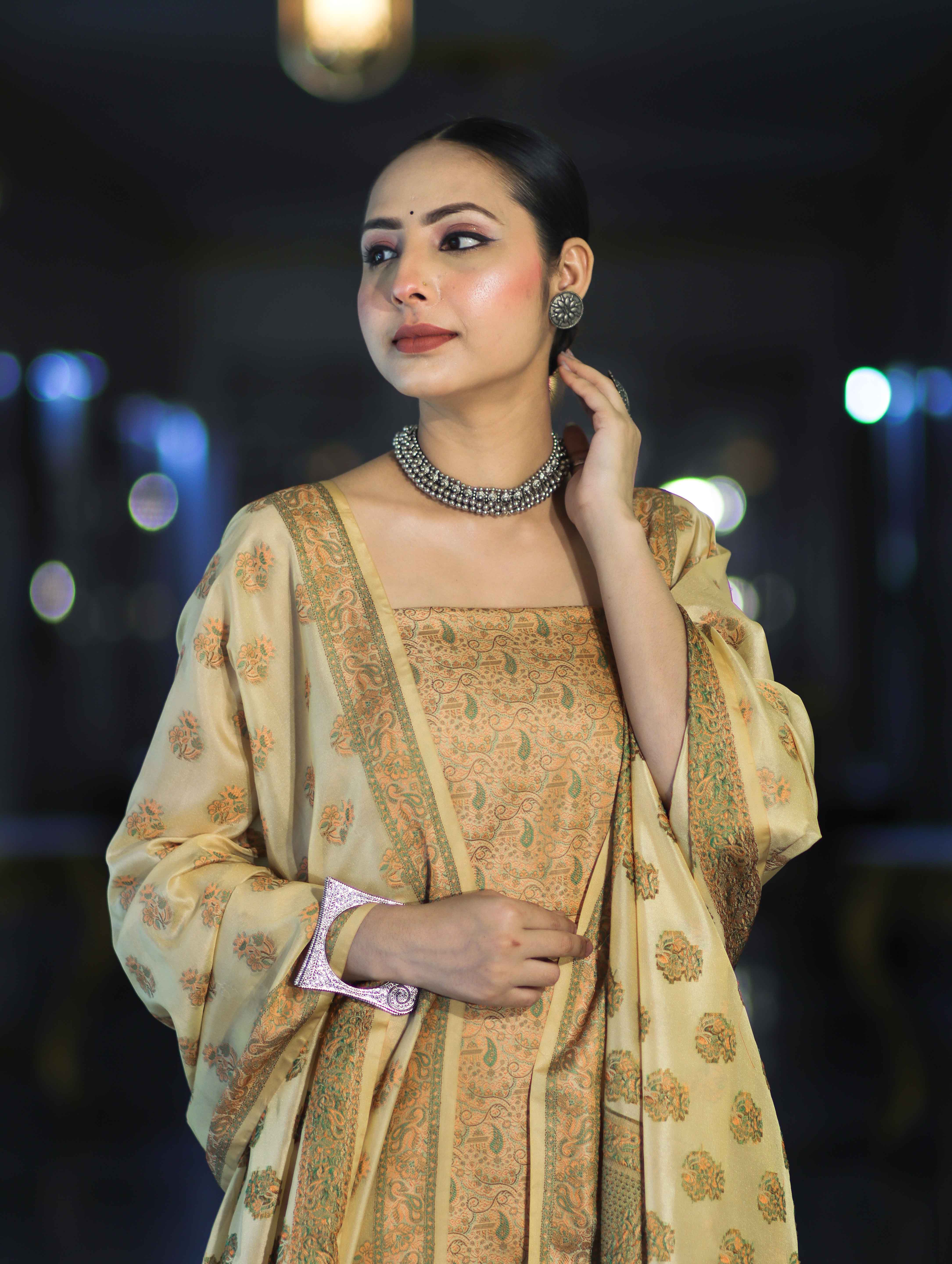 Banarasee Semi Katan Jamewar Weaving Salwar Kameez Fabric With Dupatta Set-Beige