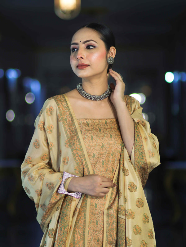 Banarasee Semi Katan Jamewar Weaving Salwar Kameez Fabric With Dupatta Set-Beige