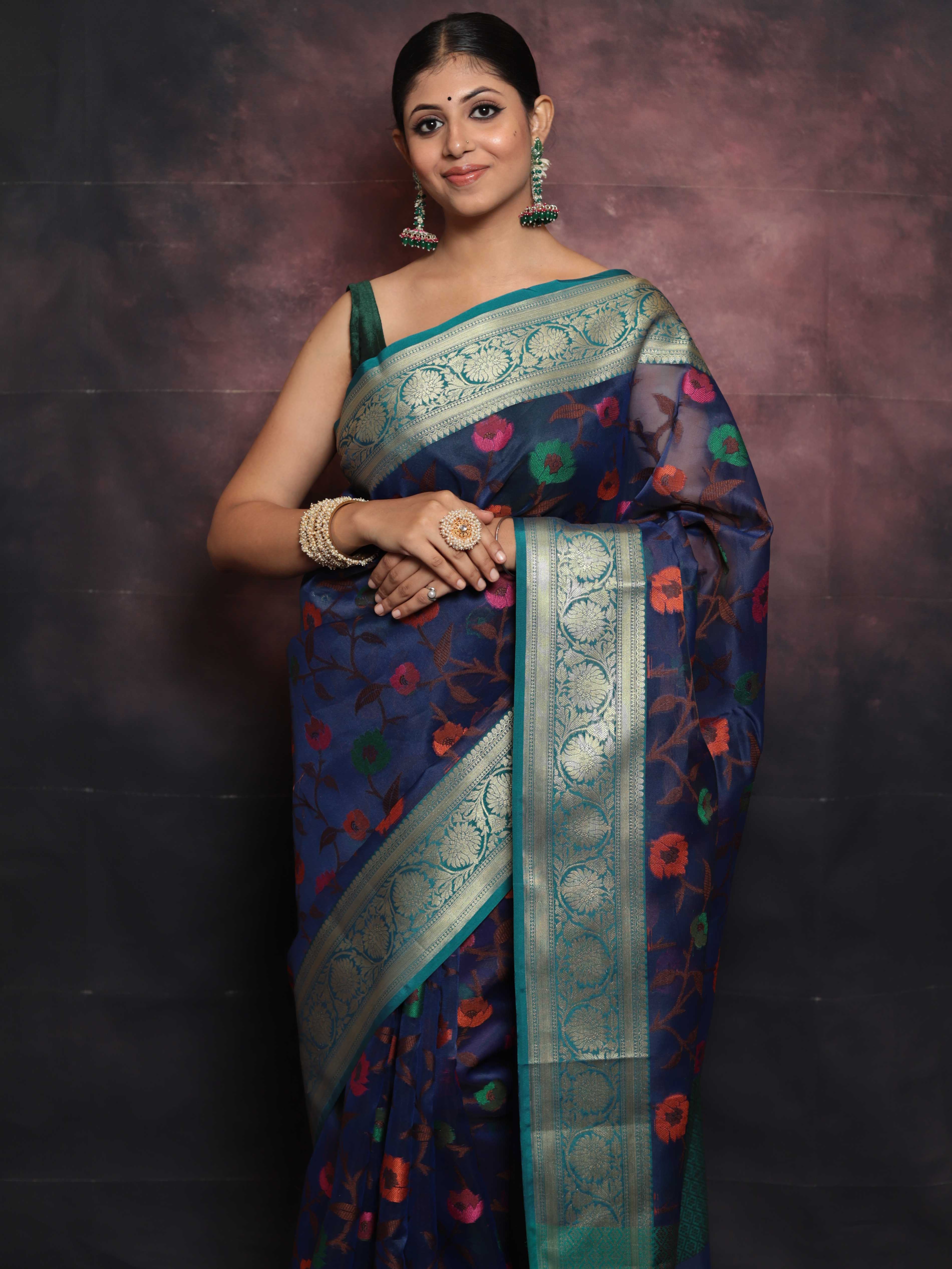 Banarasee Organza Mix Saree With Jaal Design & Floral Border-Blue & Green