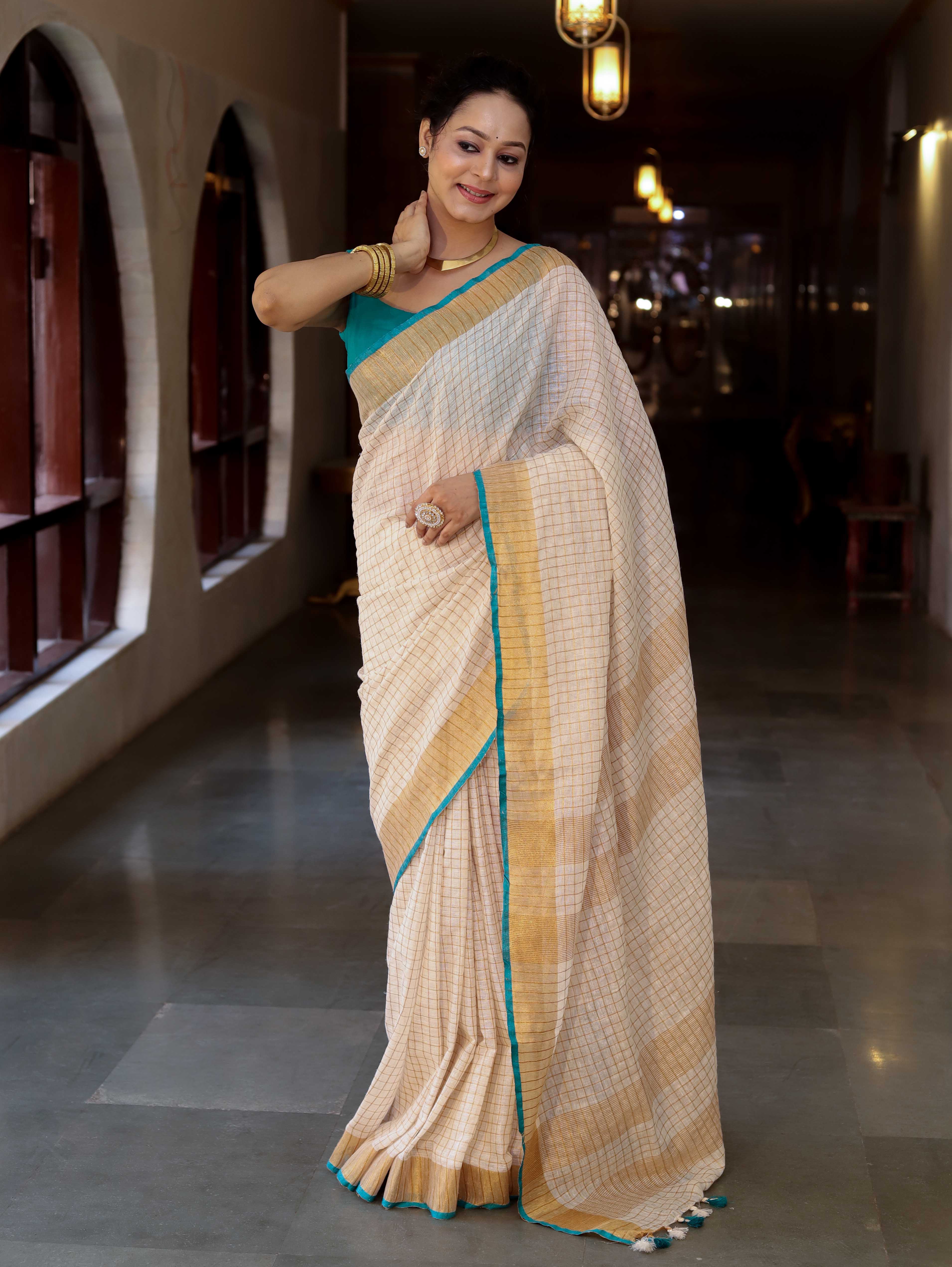 Bhagalpur Handloom Pure Linen Saree With Zari Checks Design-Off White & Green