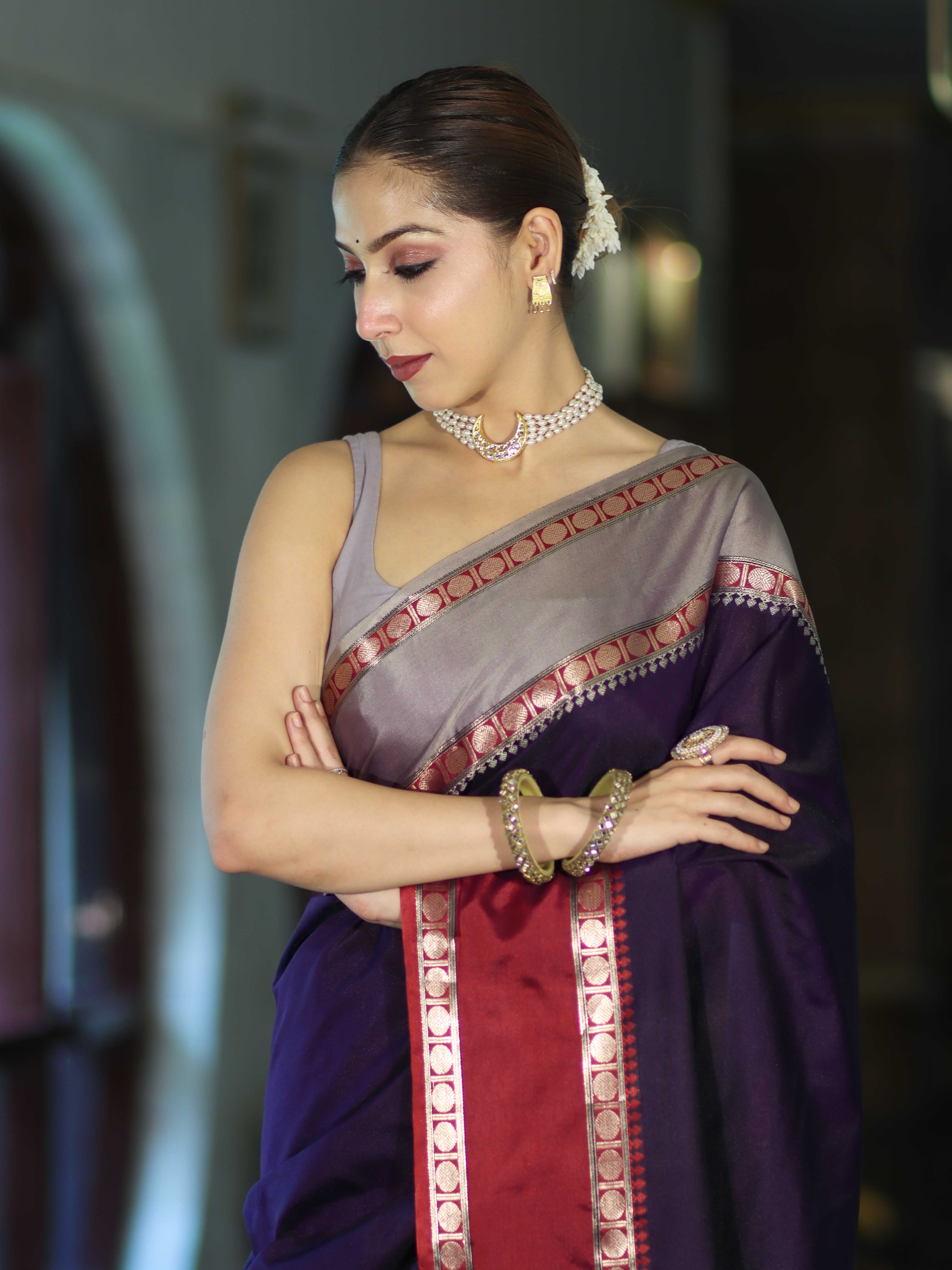 Banarasee Handloom Plain Semi Silk Saree With Contrast Border-Violet & Grey