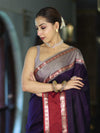Banarasee Handloom Plain Semi Silk Saree With Contrast Border-Violet & Grey