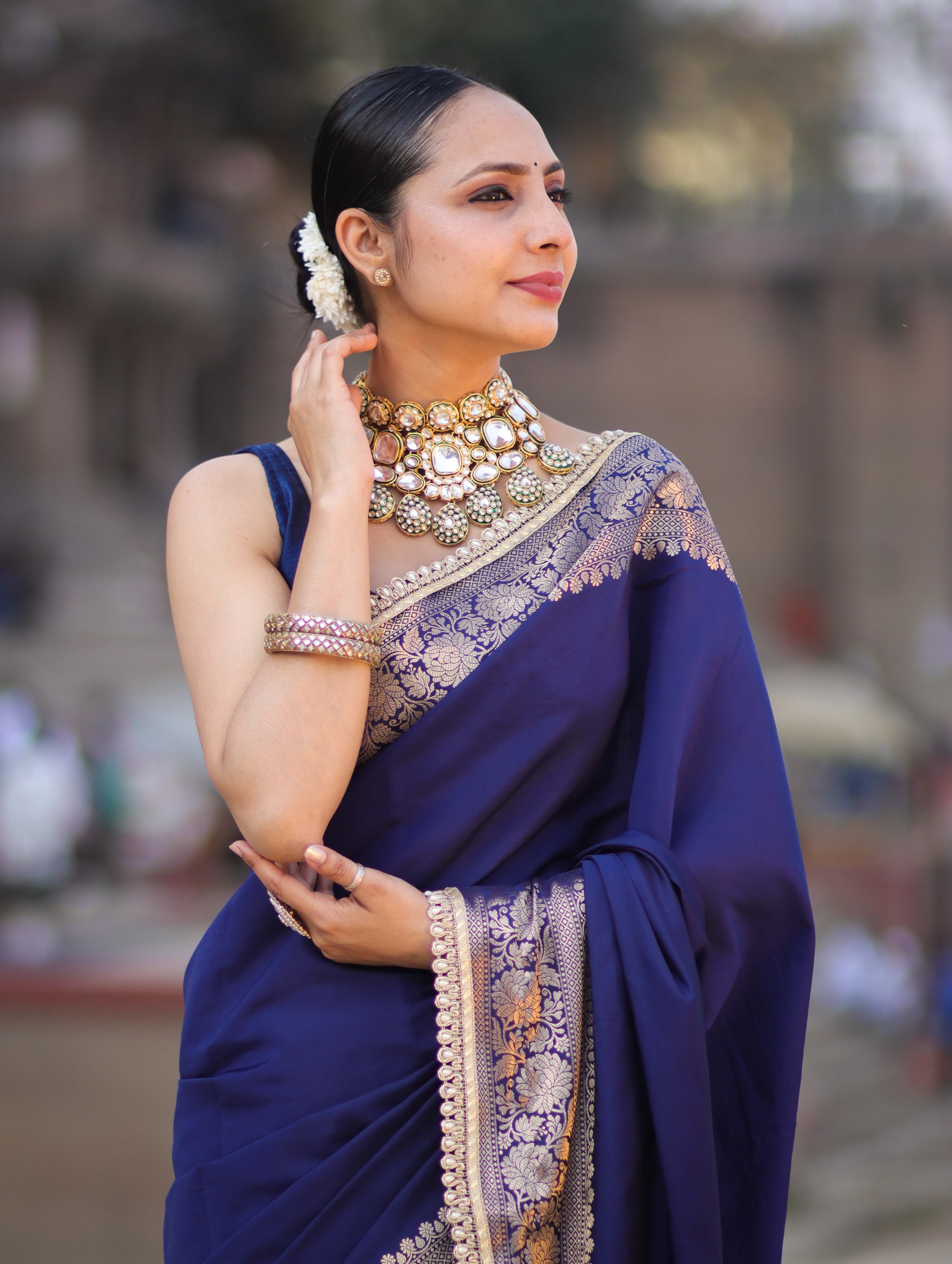 Banarasee Handloom Semi Silk Plain Saree With Zari Border & Lace-Blue