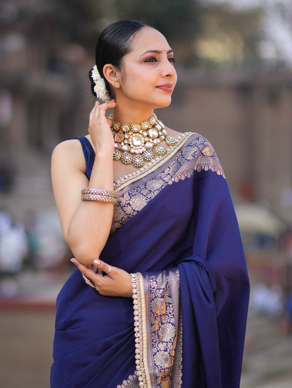 Banarasee Handloom Semi Silk Plain Saree With Zari Border & Lace-Blue