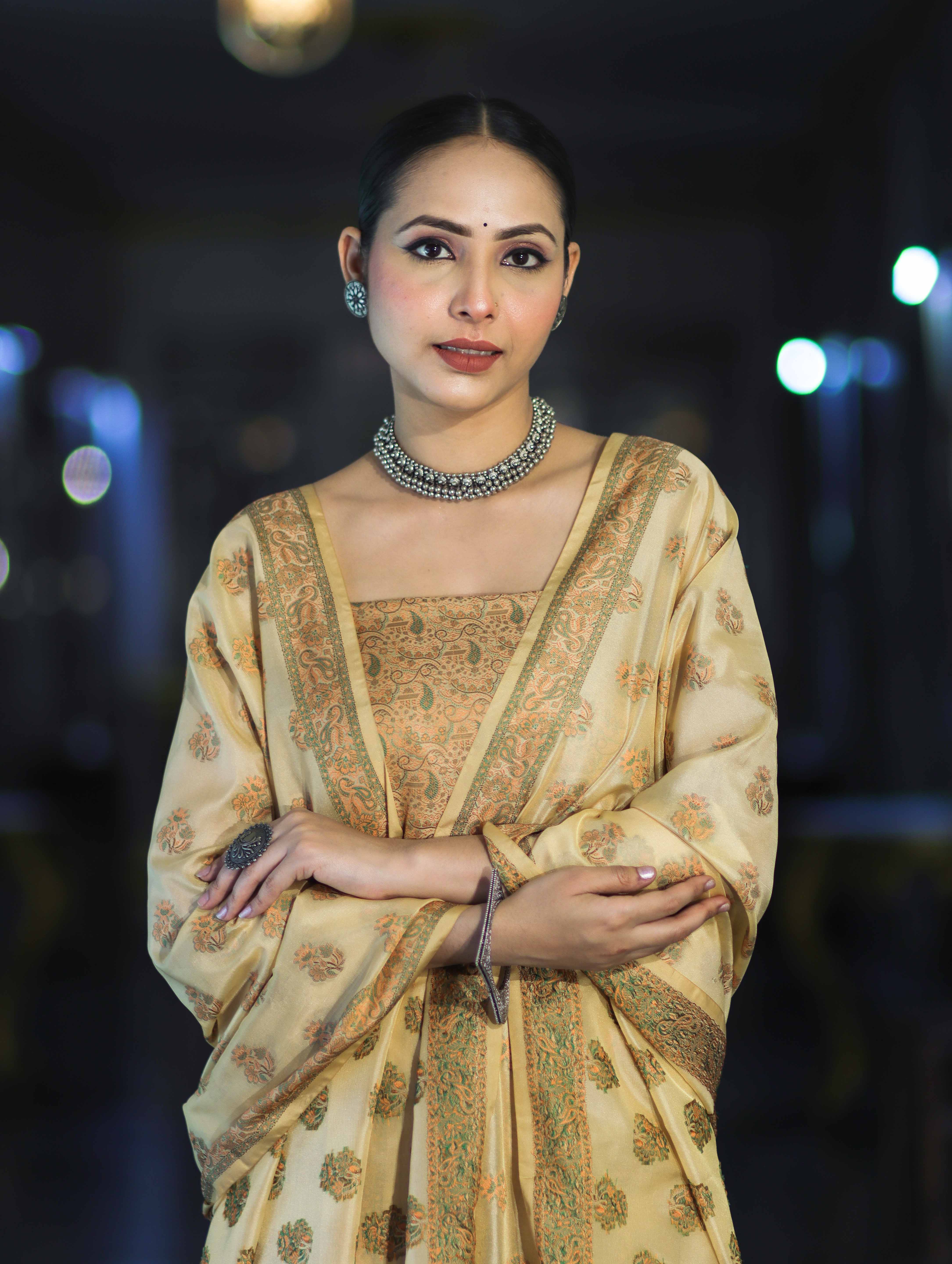 Banarasee Semi Katan Jamewar Weaving Salwar Kameez Fabric With Dupatta Set-Beige