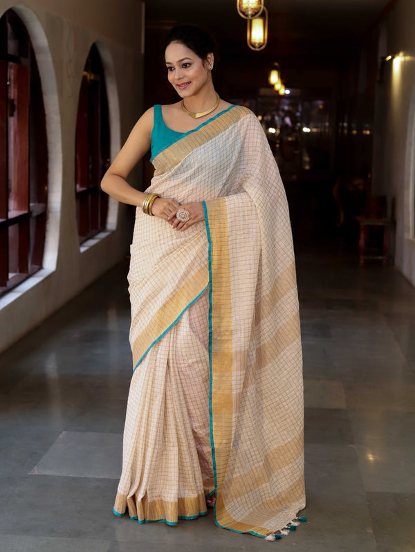 Bhagalpur Handloom Pure Linen Saree With Zari Checks Design-Off White & Green