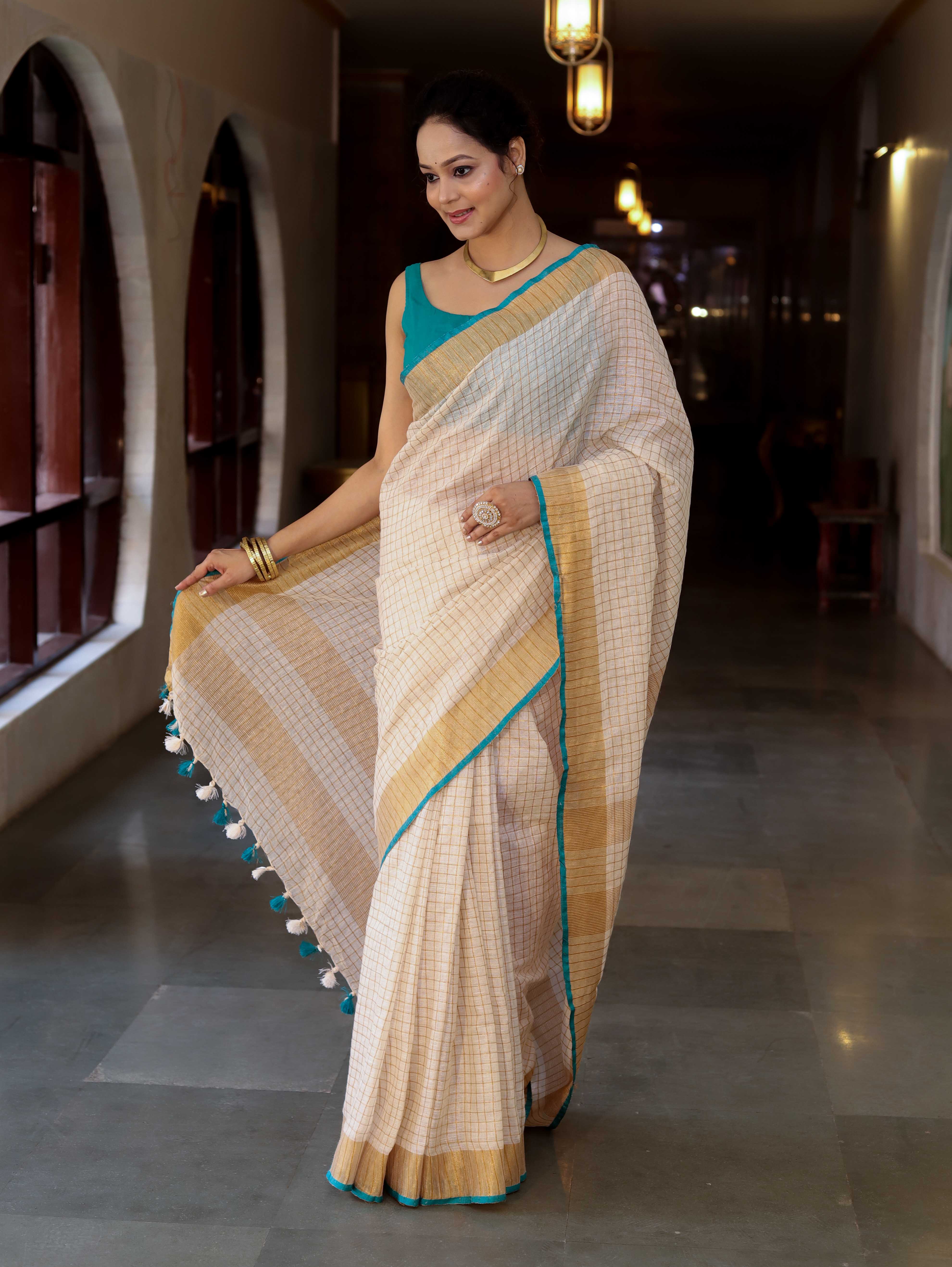 Bhagalpur Handloom Pure Linen Saree With Zari Checks Design-Off White & Green