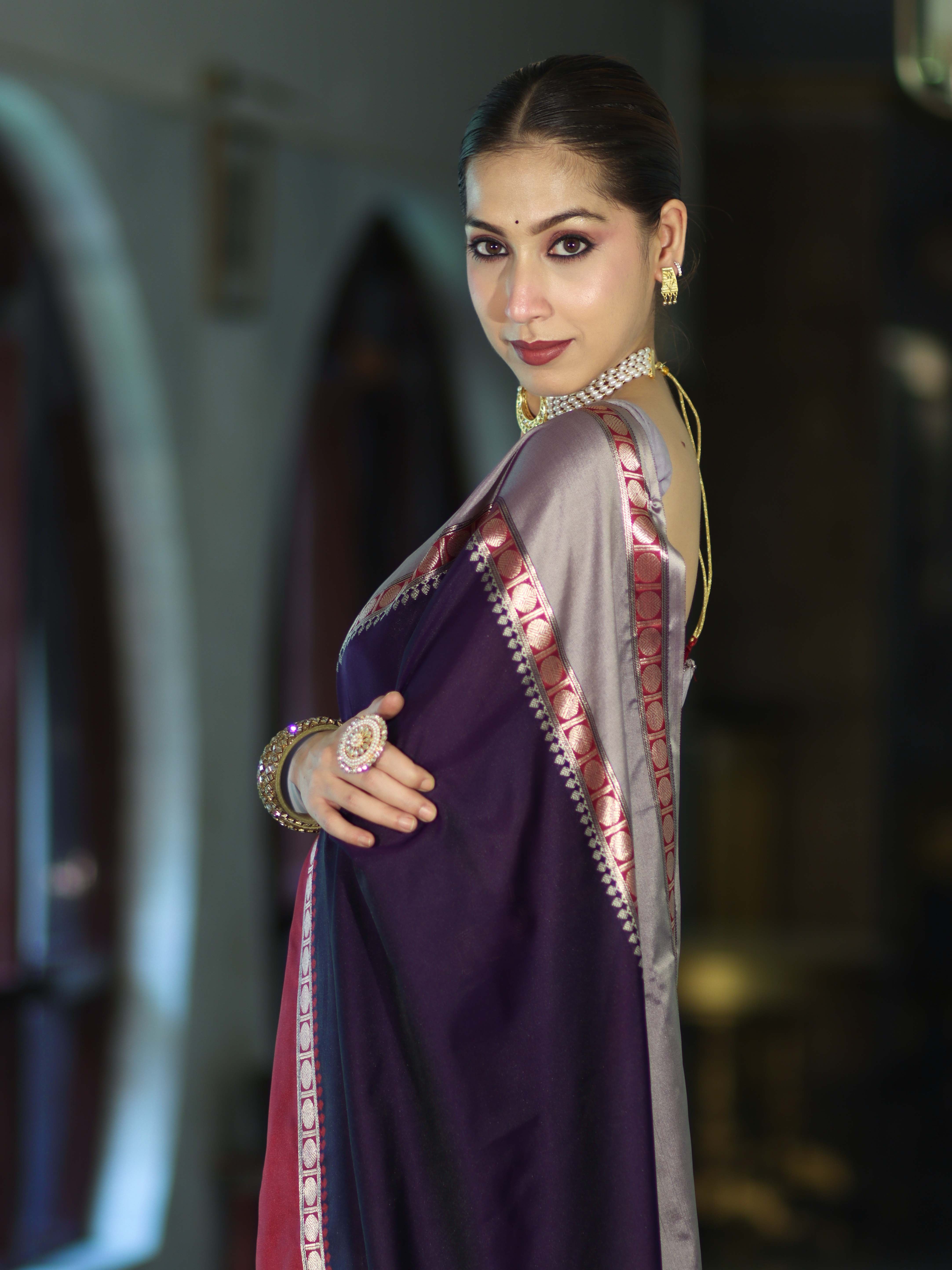 Banarasee Handloom Plain Semi Silk Saree With Contrast Border-Violet & Grey