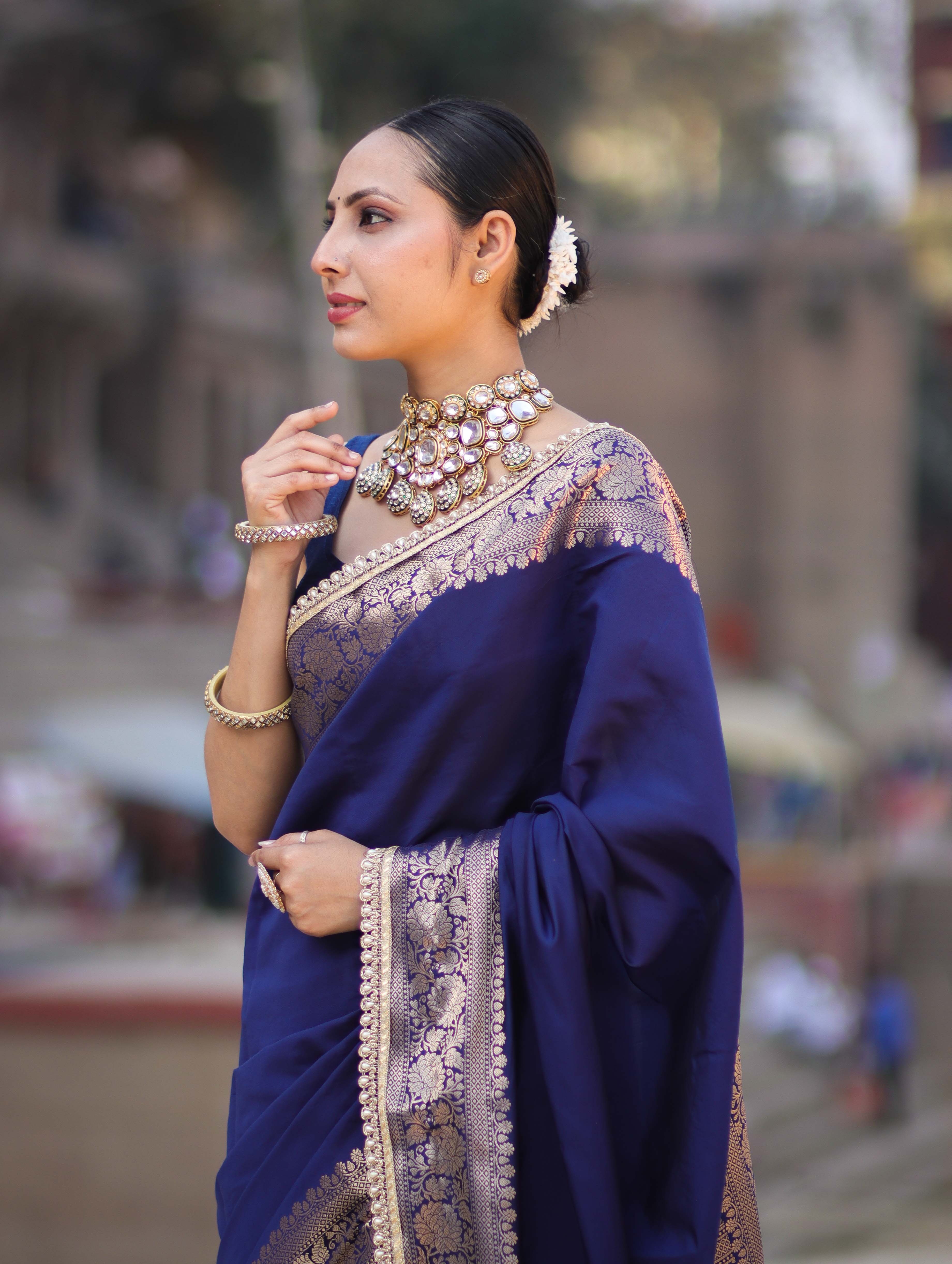 Banarasee Handloom Semi Silk Plain Saree With Zari Border & Lace-Blue