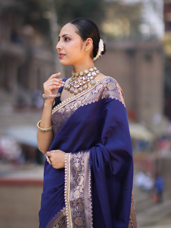 Banarasee Handloom Semi Silk Plain Saree With Zari Border & Lace-Blue