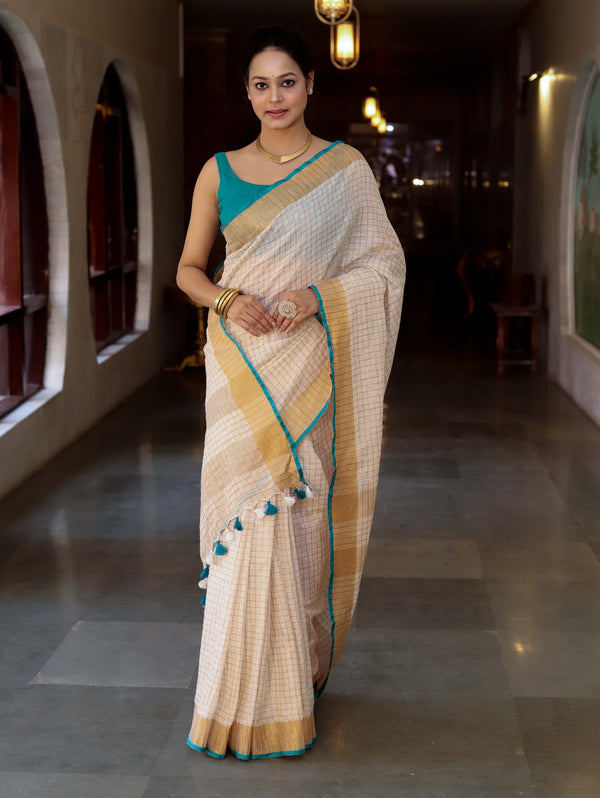 Bhagalpur Handloom Pure Linen Saree With Zari Checks Design-Off White & Green