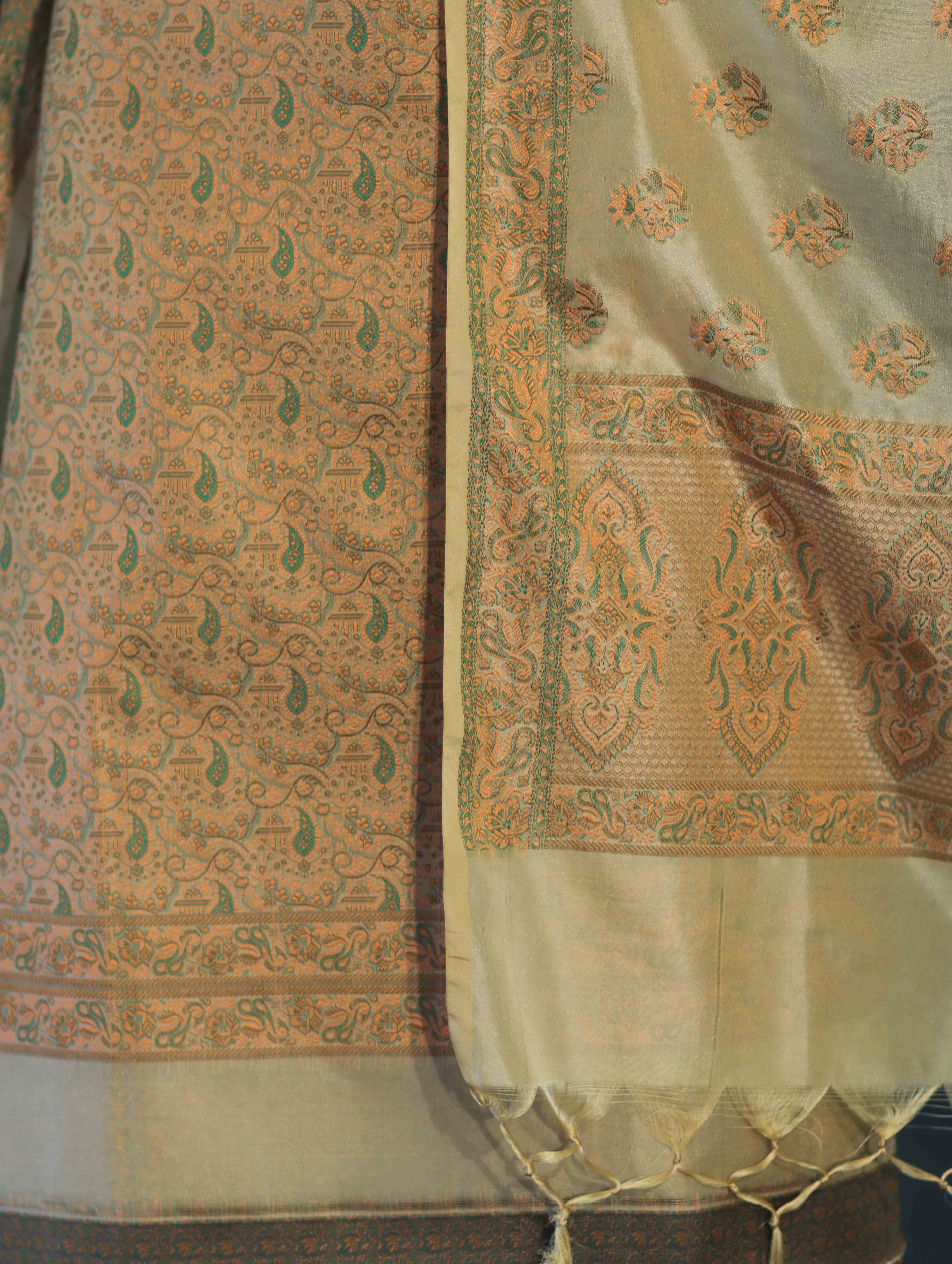 Banarasee Semi Katan Jamewar Weaving Salwar Kameez Fabric With Dupatta Set-Beige