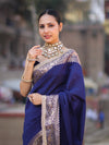 Banarasee Handloom Semi Silk Plain Saree With Zari Border & Lace-Blue