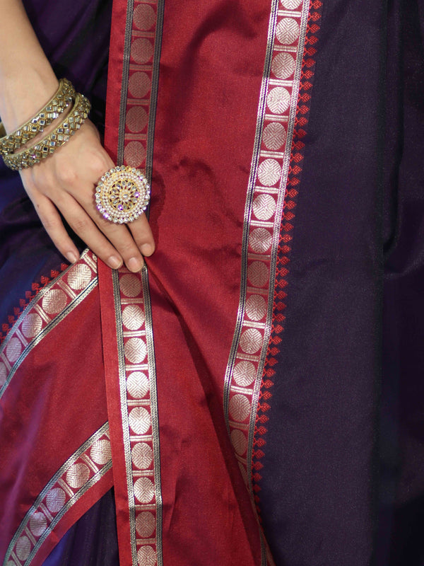 Banarasee Handloom Plain Semi Silk Saree With Contrast Border-Violet & Grey