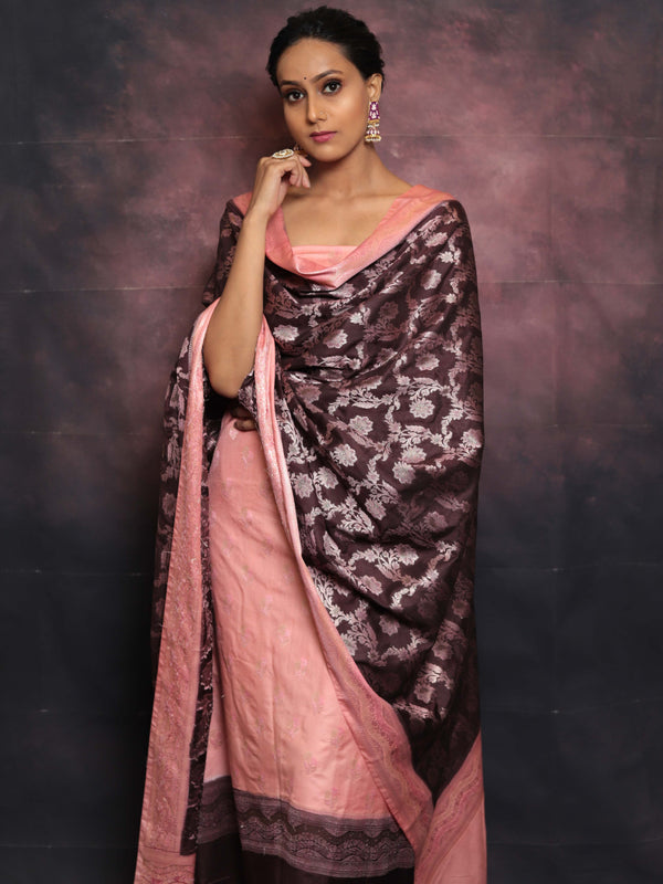 Banarasee Salwar Kameez Semi Katan Silk Fabric With Zari Work-Pink & Brown