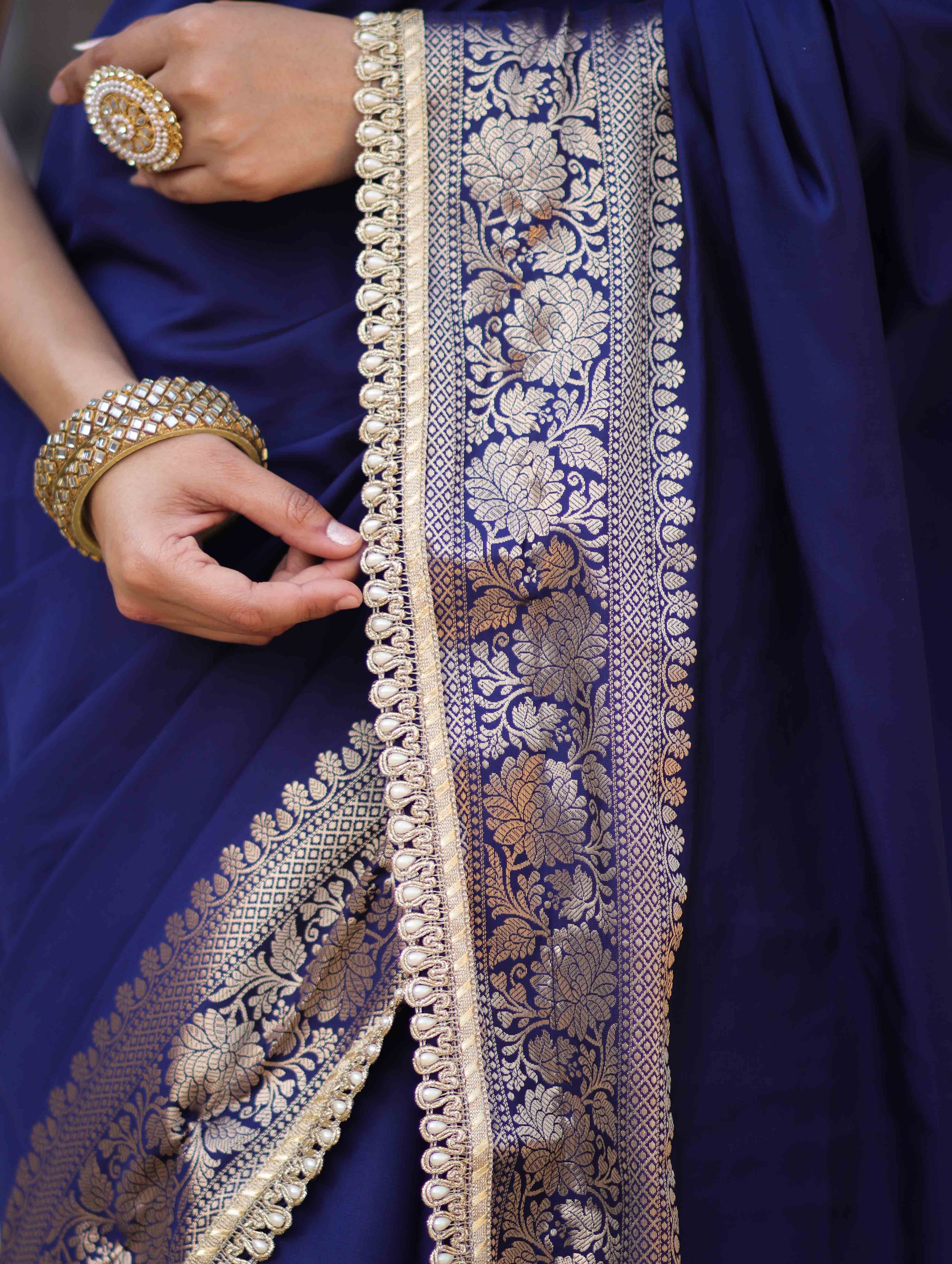 Banarasee Handloom Semi Silk Plain Saree With Zari Border & Lace-Blue