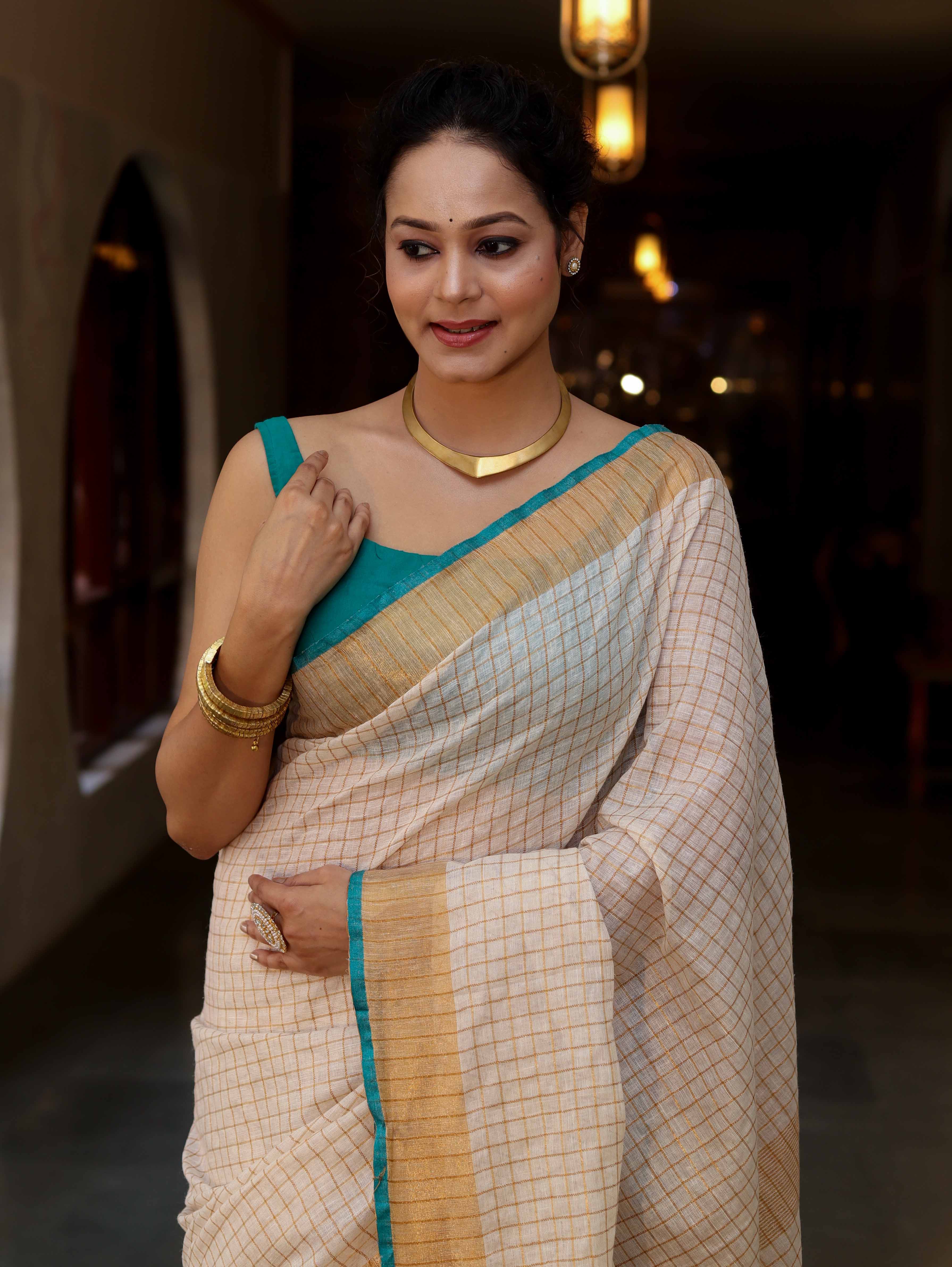 Bhagalpur Handloom Pure Linen Saree With Zari Checks Design-Off White & Green