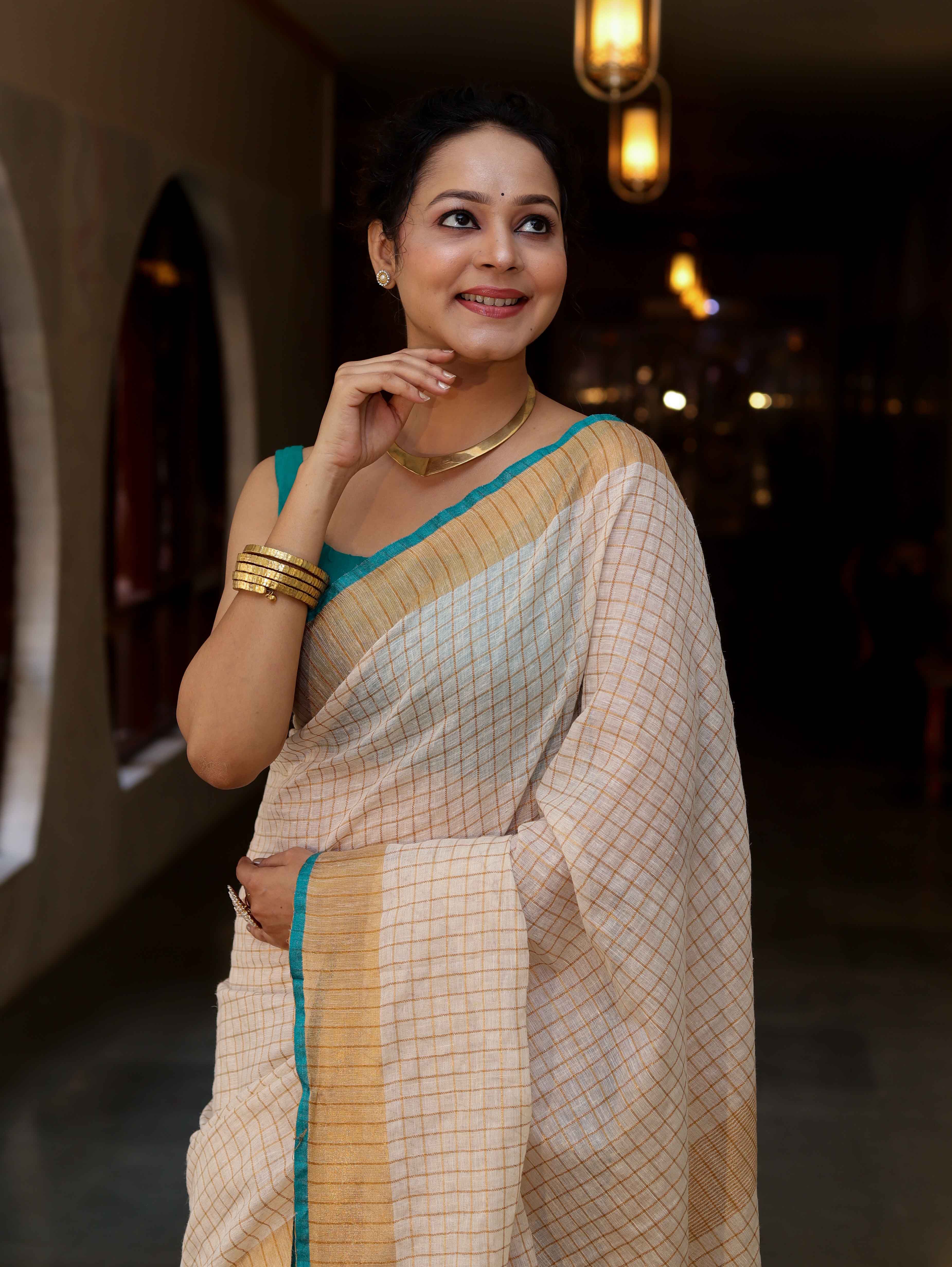 Bhagalpur Handloom Pure Linen Saree With Zari Checks Design-Off White & Green