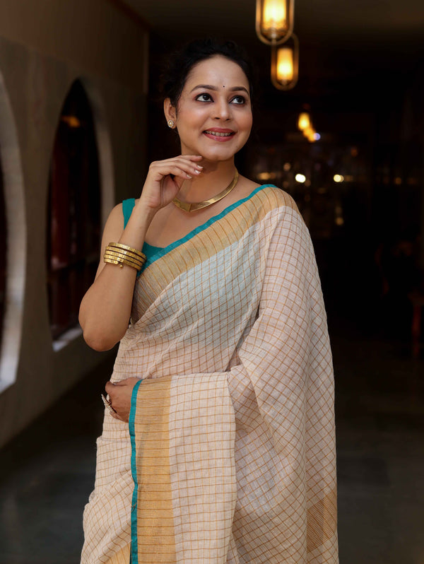 Bhagalpur Handloom Pure Linen Saree With Zari Checks Design-Off White & Green