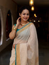 Bhagalpur Handloom Pure Linen Saree With Zari Checks Design-Off White & Green