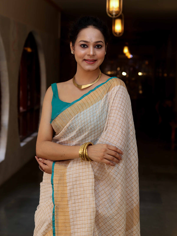 Bhagalpur Handloom Pure Linen Saree With Zari Checks Design-Off White & Green