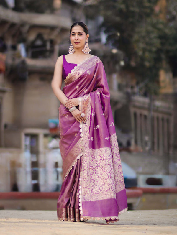 Banarasee Handloom Tissue Saree With Zari Buta Design Border & Lace-Lilac