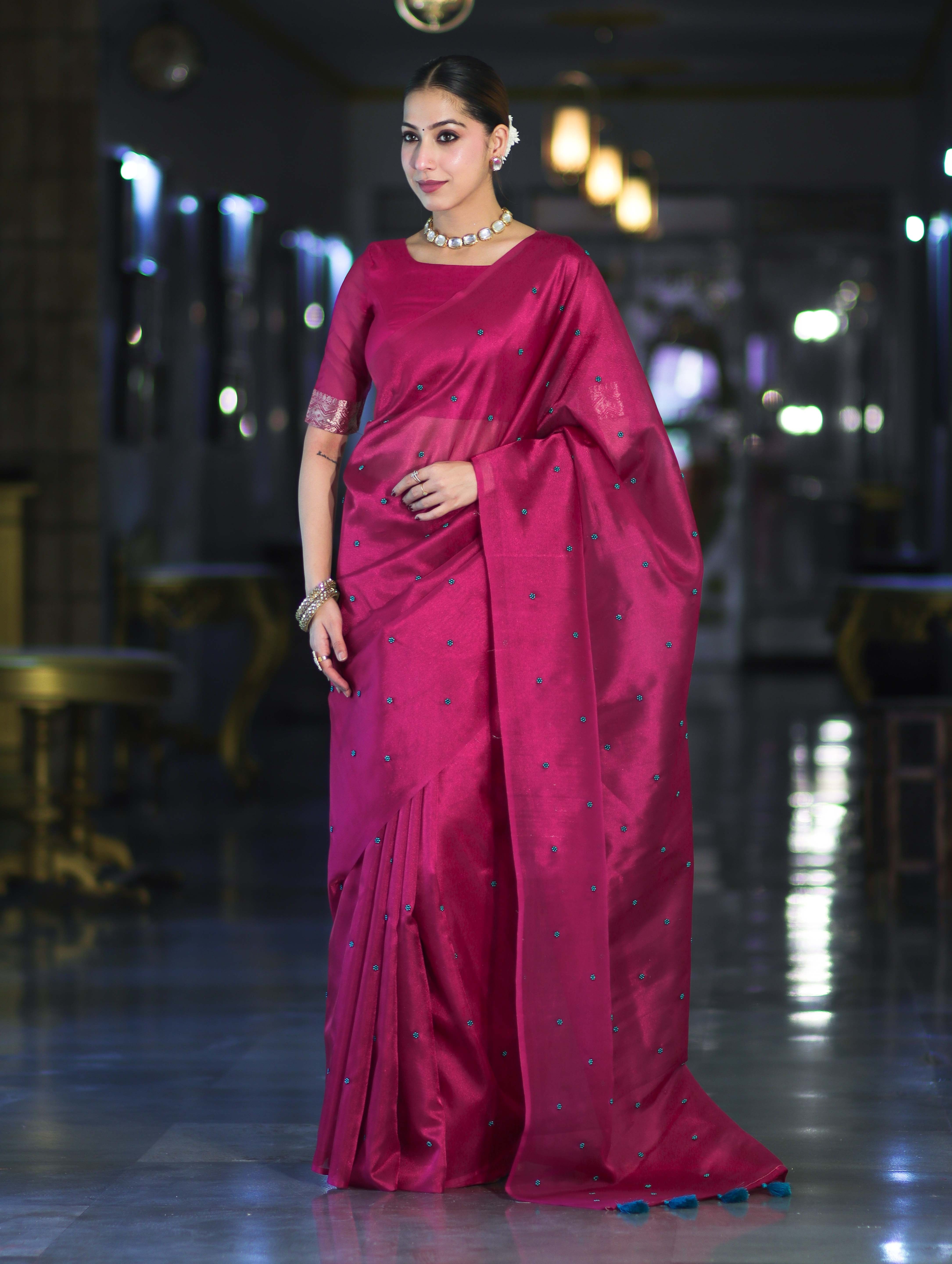 Banarasee Handwoven Tissue Saree With Handwoven Pearl Motifs-Pink