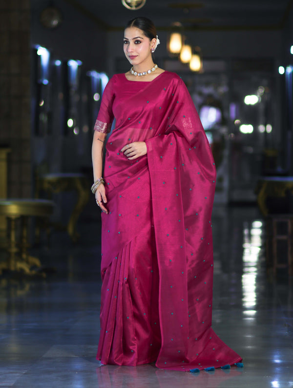 Banarasee Handwoven Tissue Saree With Handwoven Pearl Motifs-Pink