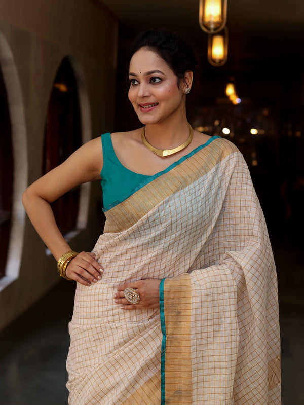 Bhagalpur Handloom Pure Linen Saree With Zari Checks Design-Off White & Green