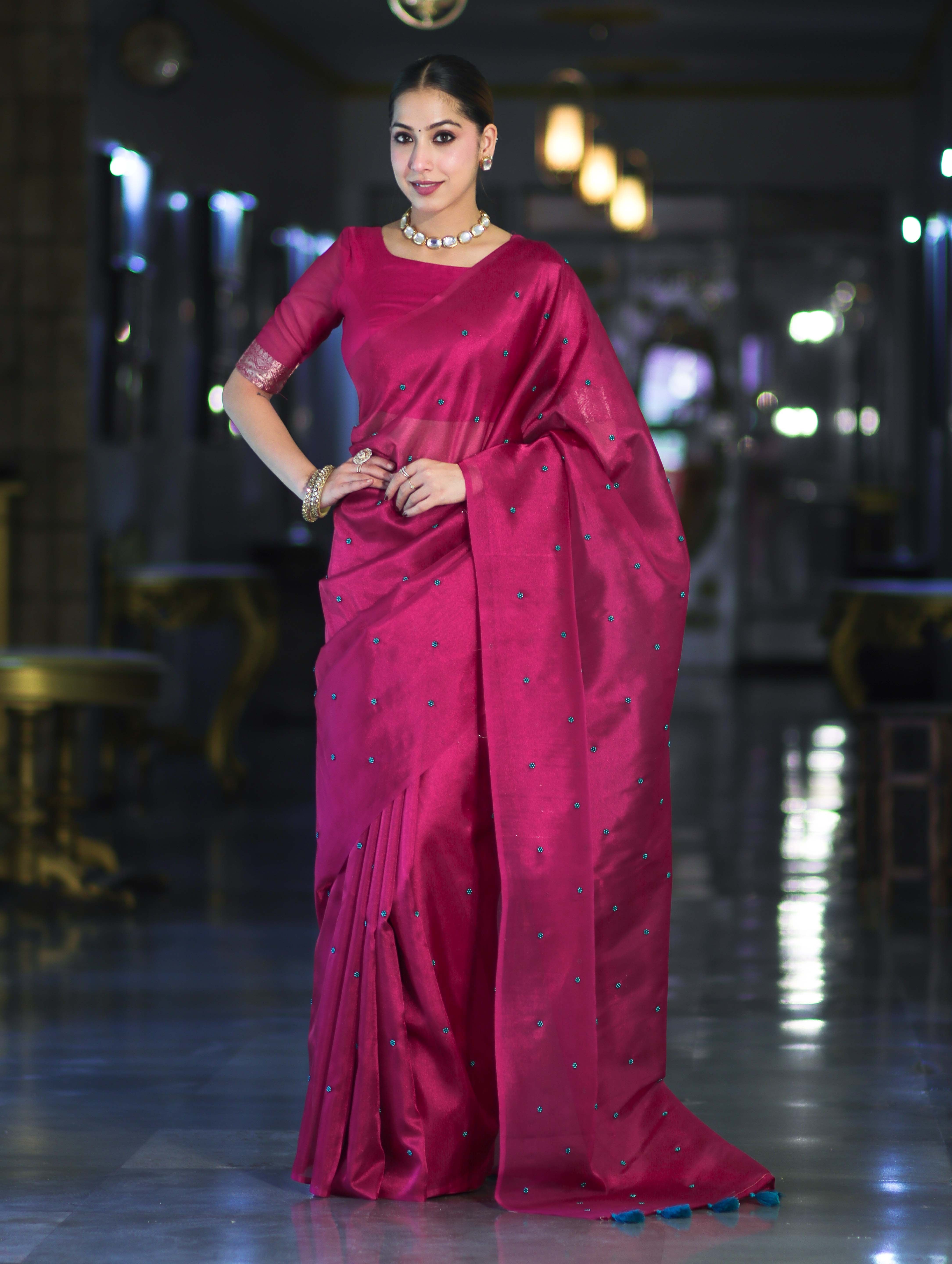 Banarasee Handwoven Tissue Saree With Handwoven Pearl Motifs-Pink