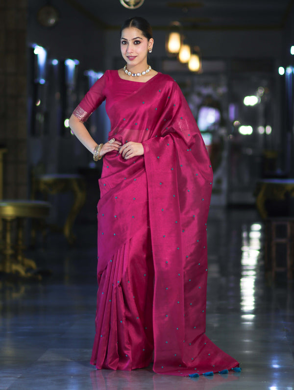 Banarasee Handwoven Tissue Saree With Handwoven Pearl Motifs-Pink
