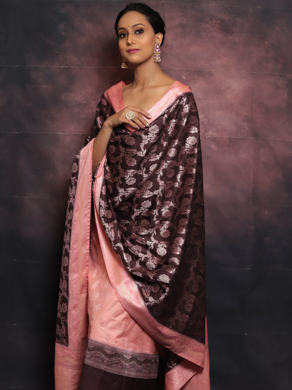 Banarasee Salwar Kameez Semi Katan Silk Fabric With Zari Work-Pink & Brown