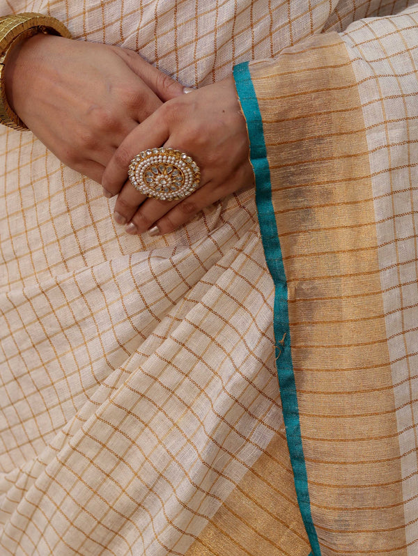 Bhagalpur Handloom Pure Linen Saree With Zari Checks Design-Off White & Green