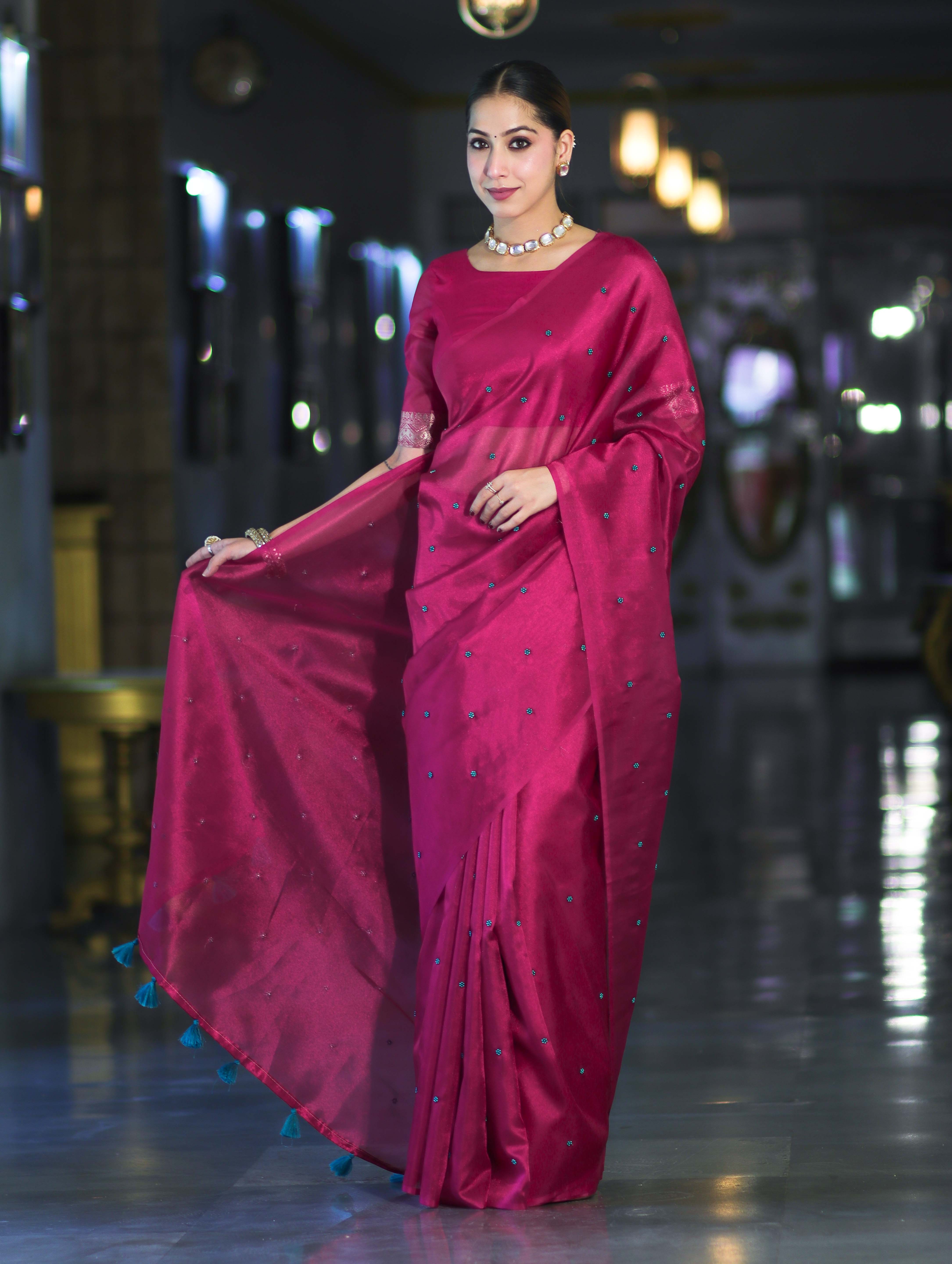 Banarasee Handwoven Tissue Saree With Handwoven Pearl Motifs-Pink