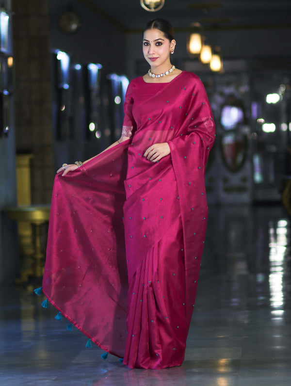 Banarasee Handwoven Tissue Saree With Handwoven Pearl Motifs-Pink