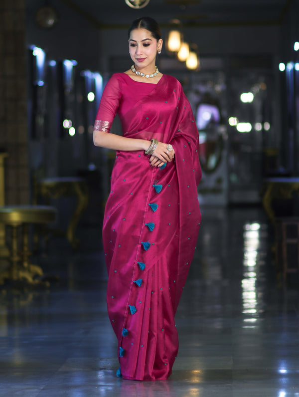 Banarasee Handwoven Tissue Saree With Handwoven Pearl Motifs-Pink