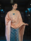 Banarasee Brocade Salwar Kameez Fabric With Jaal Design Contrast Dupatta-Teal Blue & Peach